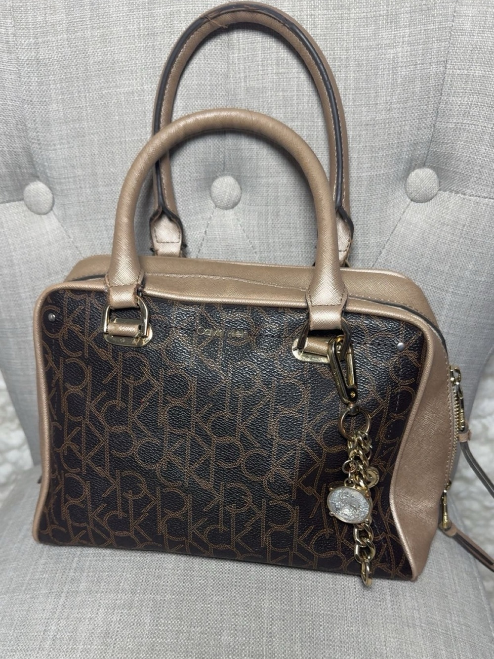 Calvin Klein Brown Monogram Satchel with Taupe Trim